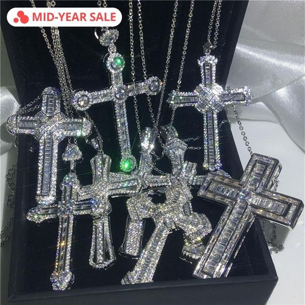 Vecalon handgemachte Hiphop Big Cross Anhänger 925 Sterling Silber Cz Stein Vintage Anhänger Halskette für Frauen Männer Hochzeit Jewelry3258