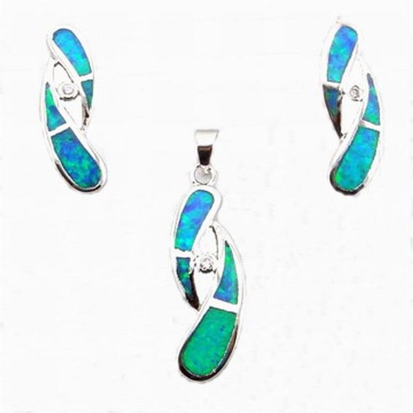 joias de opala azul com pedra cz; conjunto de pingente e brinco da moda opala de fogo mexicana299J