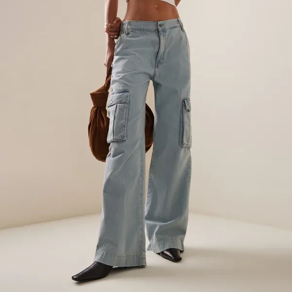 Damen Jeans Frühling Sommer Denim Hose Himmelblau Baggy Wide Leg mit mehreren Taschen