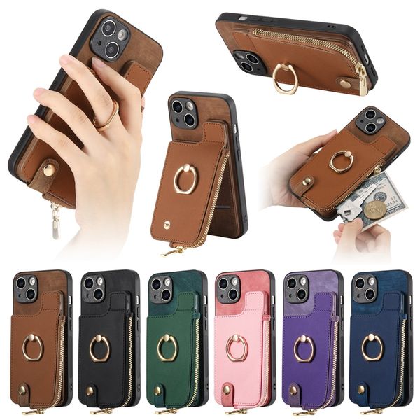 Caixas de suporte de bolso de dinheiro para iphone 15 plus 14 pro max 13 12 11 x xr xs 8 7 carteira de dinheiro pu couro metal anel de dedo kickstand rígido pc tpu capa traseira de telefone celular