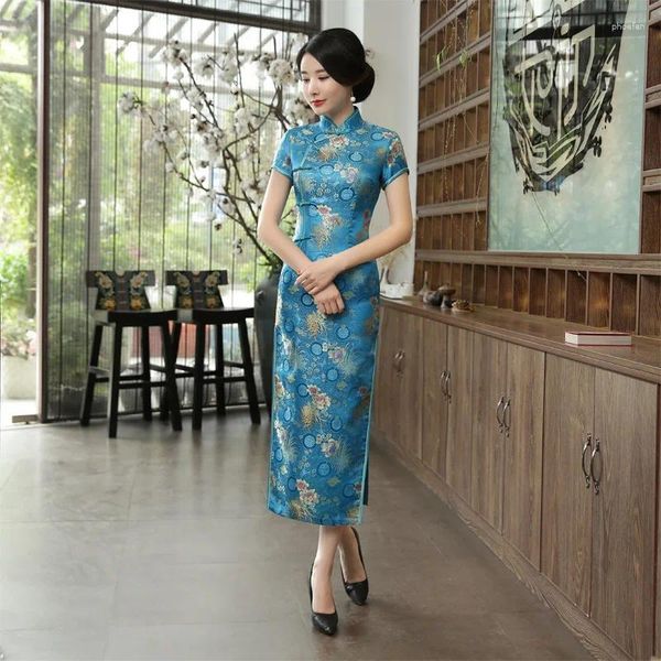 Roupas étnicas Lago Azul Cheongsam Traje Oriental Vestido Feminino Tradicional Flor Chinesa Longo Tamanho S-3XL