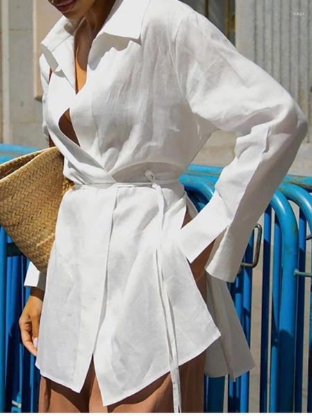 Женские блузки, женская белая блузка, рубашка, летние женские весенние макси-блузки, повседневная элегантная туника с боковым разрезом и длинными рукавами, свободные размеры