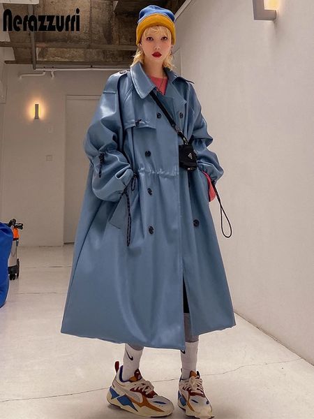 Couro feminino falso couro nerazzurri outono oversized azul longo couro trench coat feminino manga raglan cordão solto casual impermeável capa de chuva 231025