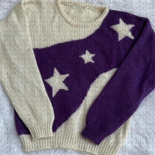 Suéteres femininos outono falam estilo agora y2k suéter pulôver mulheres 2000s americano retro roxo moda estrela mangas compridas cardigan