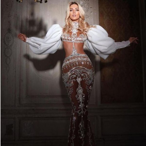 Вечернее платье Yousef aljasmi Zuhair murad Myriam Fares Высокая горловина Длинные пышные рукава Серебряный кристалл-футляр Русалка Белое кружево Appliq271T