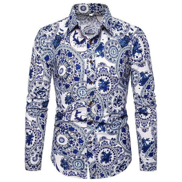 Designer Herrenhemd Slim Fit Freizeithemden Blaues und weißes Porzellan bedruckte Herrenhemden Camisa Masculina Langarmhemd Me304G