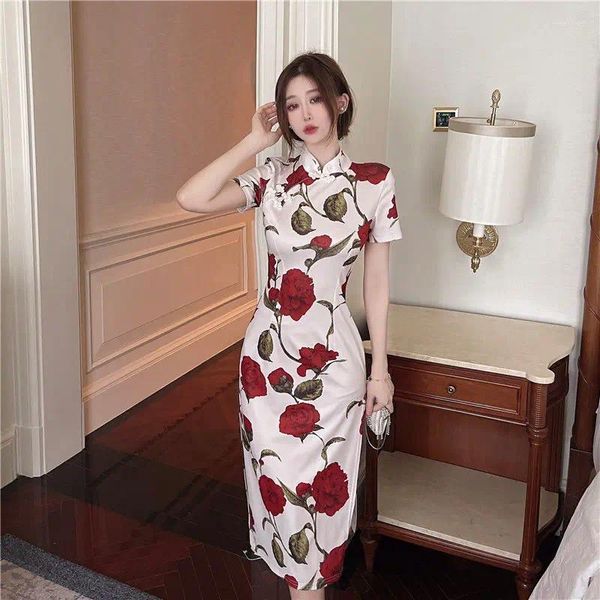 Roupas étnicas Modernas Mulheres Jovens Melhoradas Cheongsam Vestido Estilo Chinês Rosa Impressão Vintage Qipao Lady Retro Stand Collar Vestidos de Festa