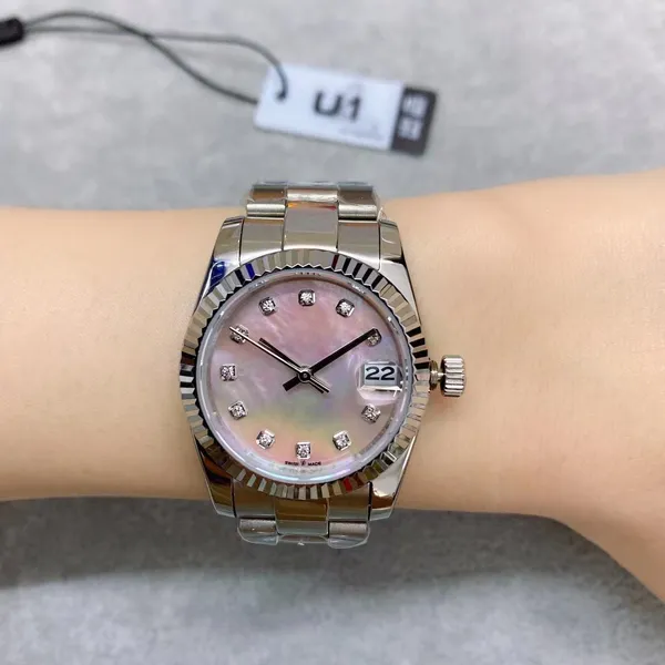 U1 data 31mm senhoras relógios de aço inoxidável diamante relógio de pulso automático feminino movimento ouro rosa 2813 presente dos namorados