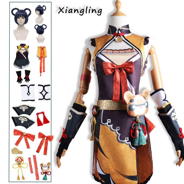 Xiangling Genshin Impact Kostüm für Frauen Xiang Ling Kleid Mädchen Outfit Perücke Anime Spiel Halloween Party Cosplay Uniform