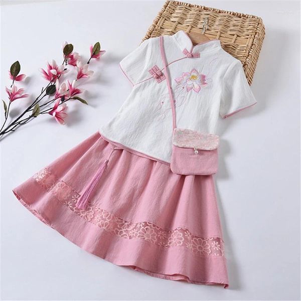 Roupas étnicas Cheongsam Bordado Terno Meninas Classe Uniforme Vestido de Graduação Impressão Bonito Rosa Chinês Qipao Crianças