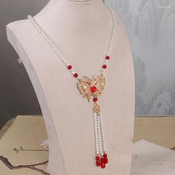 Kolye Kolyeler Vintage İnci Rhinestone Kelebek Kolye Kadınlar için Kızlar Retro Çin tarzı Coker Uzun Tasseller