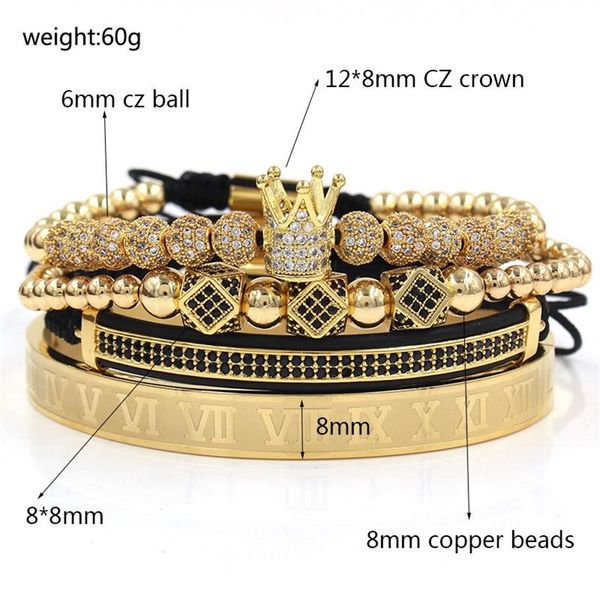 4 pçs / set ouro preto hip hop feito à mão pulseira de contas homens cobre pave cz zircon coroa numeral romano pulseiras pulseiras jóias 20 s268o