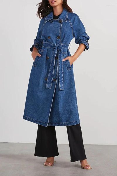 Mulheres Trench Coats Mulheres Jean Jaqueta Casaco Preto X-Long Single-Breasted Queda Moda Outerwear 2023 Clássico Cinto Lapela Slim Denim