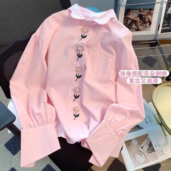 Damenblusen, Blumenstickerei, rosa, süße Hemden für Damen, 2023, Herbst und Winter, langärmeliges Top, schicke Taschen, lässige Button-Up-Blusas