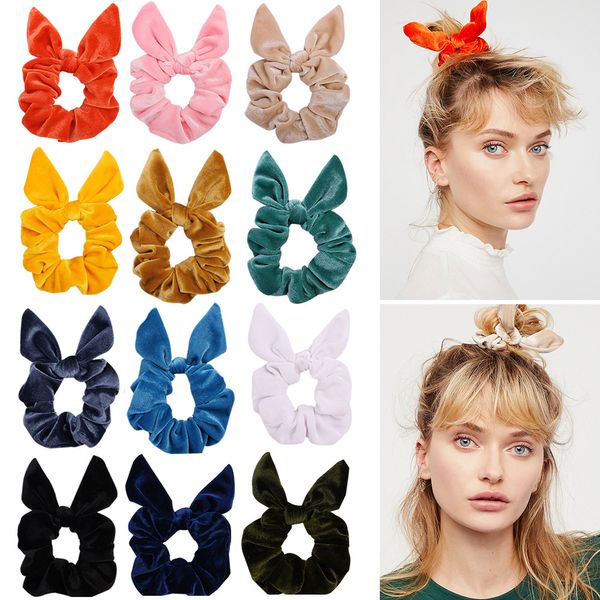 Scrunchies per capelli in velluto con orecchie di coniglio Fasce elastiche per capelli all'ingrosso per le donne Tinta unita Ragazze Porta coda di cavallo Cravatte per capelli Accessori per capelli 2871