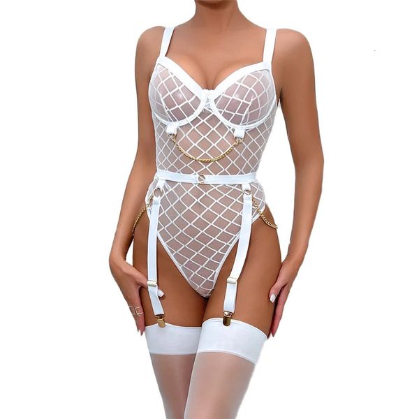 Sexy conjunto bodysuit roupa interior para mulheres exótico sexy sutiã conjunto lingerie erótica ver através de malha alta corte bodysuit vestidos sexy para mulher 231026