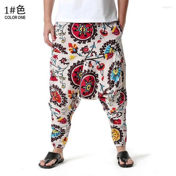 Calças masculinas moda mens lienen algodão harem pant boêmio estilo streetwear vintage joggers homens