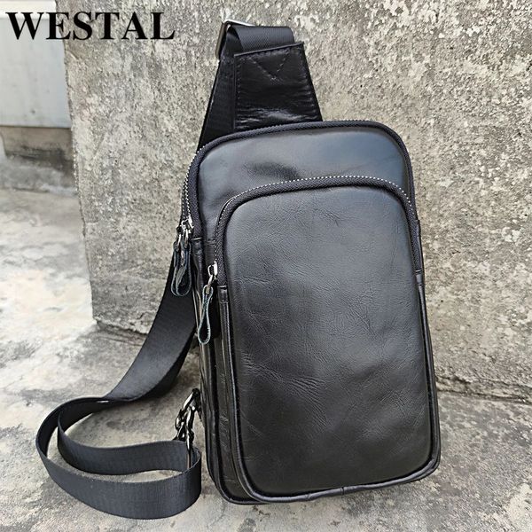 Taille Taschen WESTAL 100% Rindsleder Echtes Leder Sling Bag Männer Messenger Taschen für Männer Schwarz Brust Taschen für Telefon Casual Sport schulter Tasche 231026