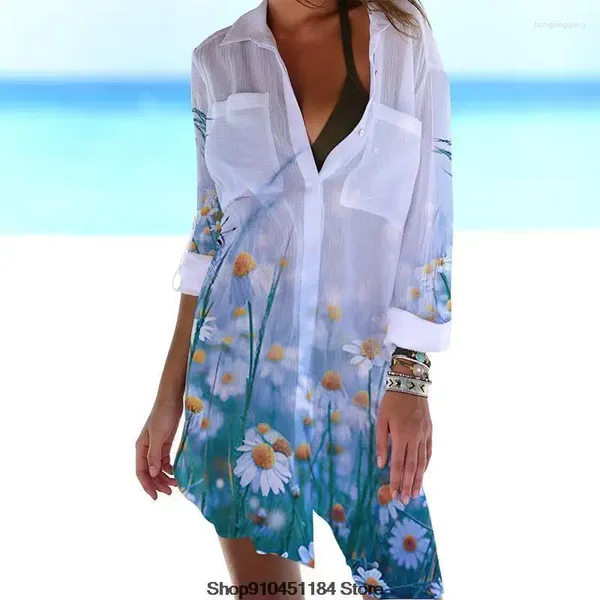 T-shirt da donna 2023 Beach Cover Up Stampa Bikini Tasca Protezione solare Camicia da donna Cardigan Abito estivo Costume da bagno da donna Beachwear