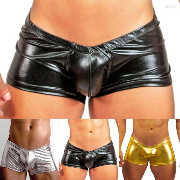 Mutande Sexy Gay Intimo da uomo Boxer Tinta unita Clubwear Moda Tronco Metallo Benda stretta Mutanda in pelle Pantaloncini maschili freddi