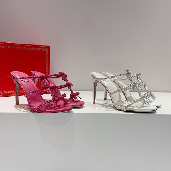 Rene Caovilla sandali con fiocco in cristallo in pelle décolleté da 95 mm tacchi a spillo tacchi alti da donna stilisti di moda di lusso scarpe da sera per feste calzature di fabbrica