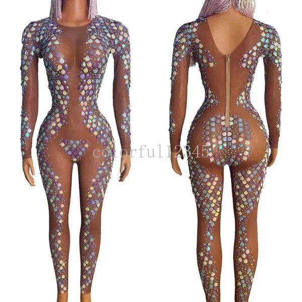 Stage Wear Brilhante Colorido Shell Strass Macacão Sexy Malha Perspectiva Outfit Mulheres Dj Party Roupas Drag Queen Costume