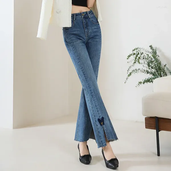 Damen-Jeans, einfarbig, schmal geschnitten, geteilte Bootcut-Hose, National-Stil, Schmetterlingsdruck und Färben, ausgestellte Hose