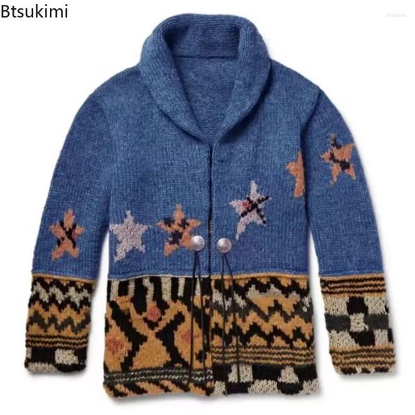 Erkek Sweaters 2024 Vintage Desen Baskılı Örme Süveter Hırka Ceket Sonbahar Kış Kavur Bir Düğme Kat Erkek Katlar