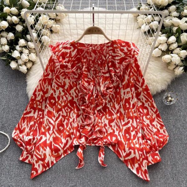 Женские блузки Корейская модная блузка для женщин с воланами и цветочным принтом на шнуровке с длинным рукавом-фонариком Blusa Осенние повседневные женские топы