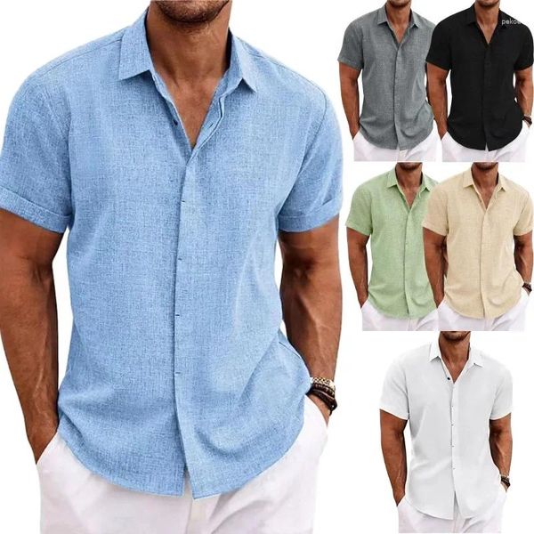 Camisas Casuais Masculinas Manga Curta T-shirt Solta Sob Cor Sólida Algodão Linho Praia Plus Size