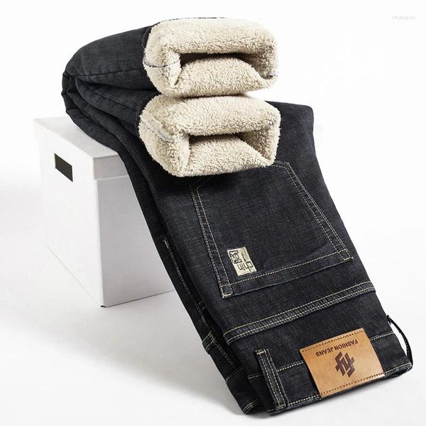 Jeans masculinos sherpa velo inverno reto baggy engrossado quente negócios casual clássico masculino denim calças azul preto