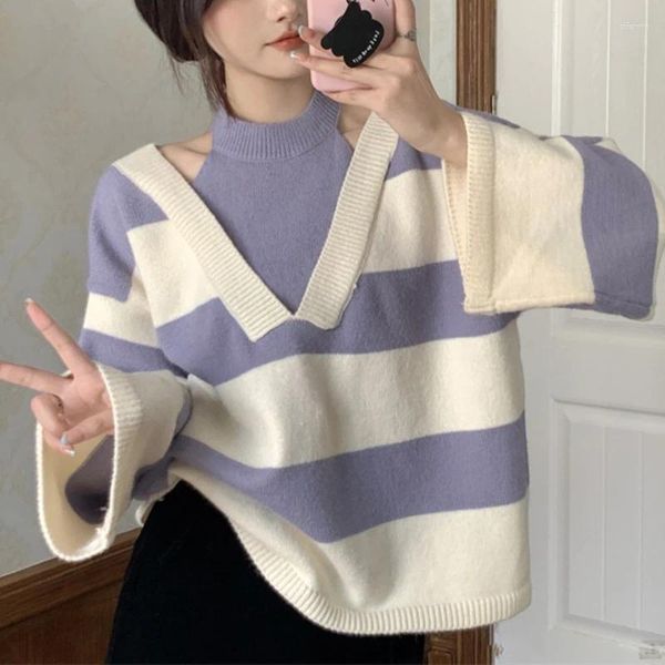 Женские свитера, осенний сексуальный полосатый пуловер с открытыми плечами, женский свитер 2023, повседневный свободный зимний вязаный джемпер, офисный женский трикотаж, топы
