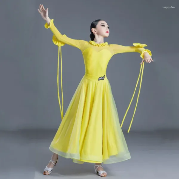 Stage Wear Giallo Manica Lunga Ballo Costume da Ballo per Ragazze Vestito da Competizione Tuta Gonna Tango Pratica Valzer Ballo VDB5080