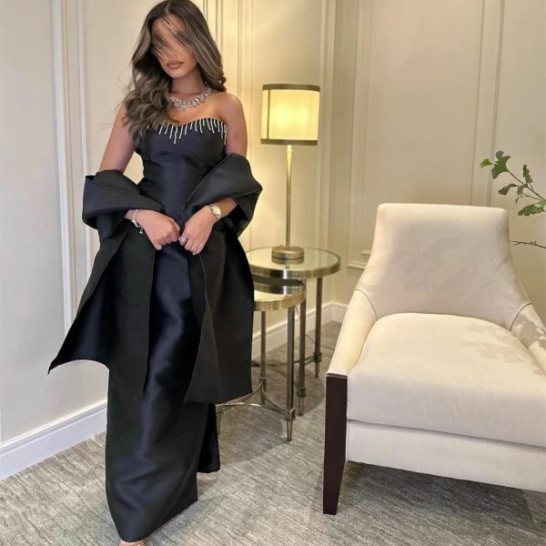 Elegante preto vestidos de noite longos querida cetim com bainha envoltória até o chão vestido de baile para mulher