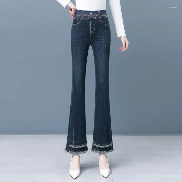 Jeans da donna Bootcut elastico in vita per donna 2023 pantaloni svasati alla moda alta sottile in velluto autunnale pantaloni da cowboy casual