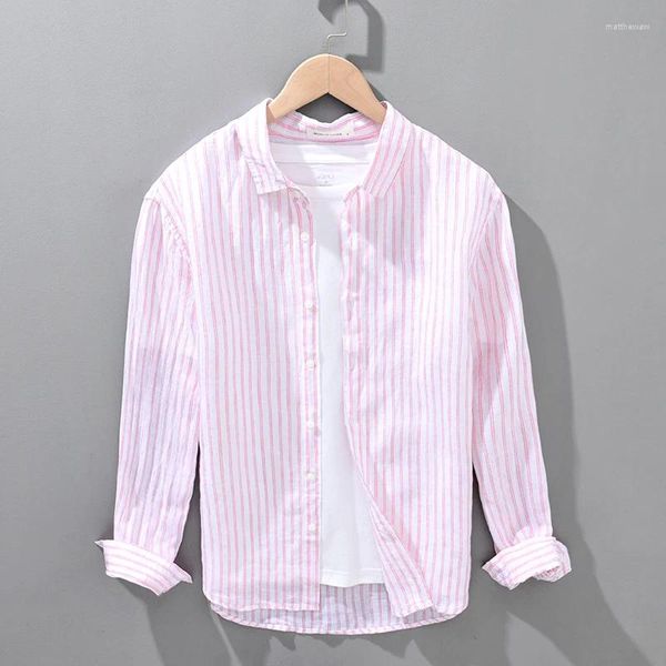 Мужские повседневные рубашки, полосатая рубашка с длинным рукавом для мужчин, дышащие мужские розовые топы на пуговицах из чистого льна