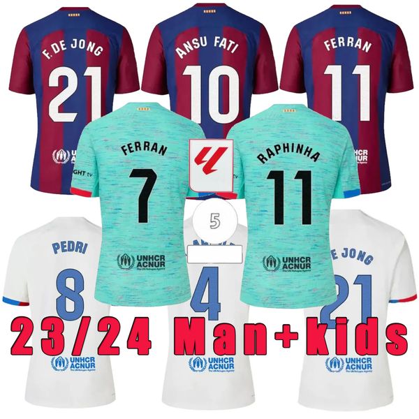 2023-24 Barcelona Fc camisa de futebol kit infantil uniforme LEWANDOWSKI PEDRI ANSU FATI FERRAN JORDI ALBA KESSIE GAVI F.DE JONG e personalização de camisa