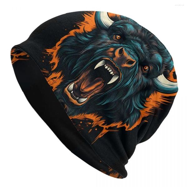 Berretti Beanie animali astratti Cappelli Bison Power Bonnet Uomo Donna Cute Gym Cappello lavorato a maglia Cappellini caldi con grafica primaverile