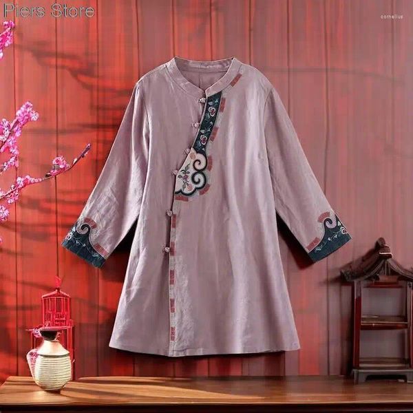 Roupas étnicas Estilo Chinês Modificado Hanfu Requintado Bordado Vestido Longo Mulheres 2023 Retro Stand Collar Elegante Solto Casual / Festa