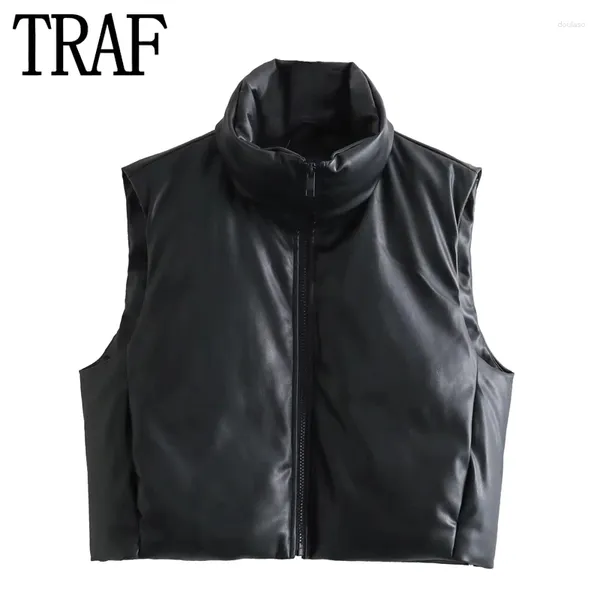 Gilet da donna Gilet corto in ecopelle Gilet da donna imbottito nero con cerniera Giacca senza maniche Collo alto Gilet invernale