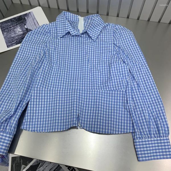 Camicette da donna 2023 Camicia scozzese con maniche a sbuffo