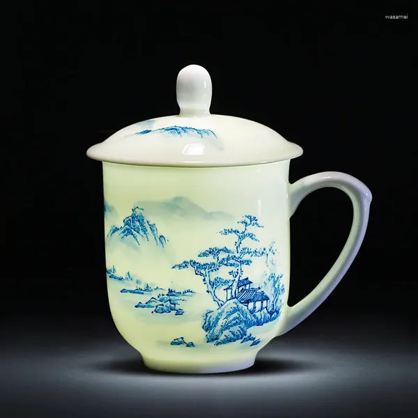 Canecas Jingdezhen Cerâmica Xícara de Chá Pintada à Mão Underglaze Azul e Branco Porcelana com Tampa Casa Água Osso China