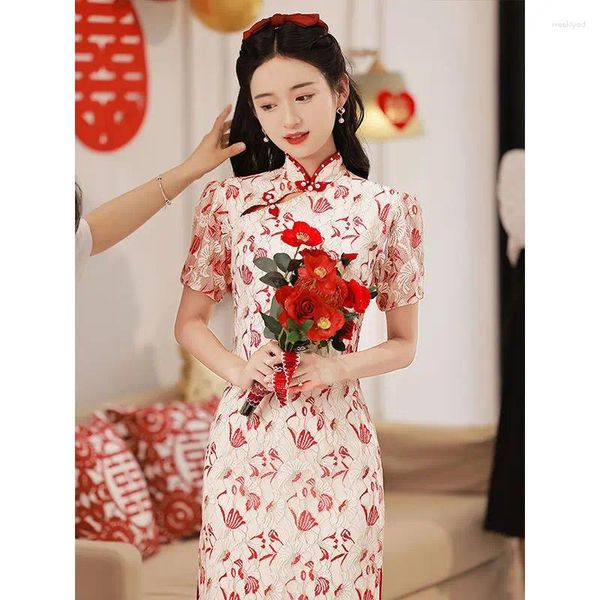 Ethnische Kleidung Sommer Mandarinkragen Hochzeitskleid Chinesischer Stil Kurzarm Cheongsam Vintage High Split Qipao Toast