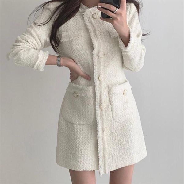 Freizeitkleider Einteiliges Kleid Damen Herbstmode 2021 Rundhalsausschnitt Lose Einreiher Langarm Mini Fairy Tweed Fema314A