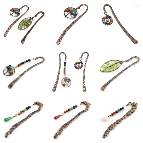 Kolye Kolyeleri KFT Metal Bakır Bookmark Dangle Doğal Taş Ağacı Hayat Yıldız Şifa Kristal Kuvars Reiki 7 Çakra Kitap Mark