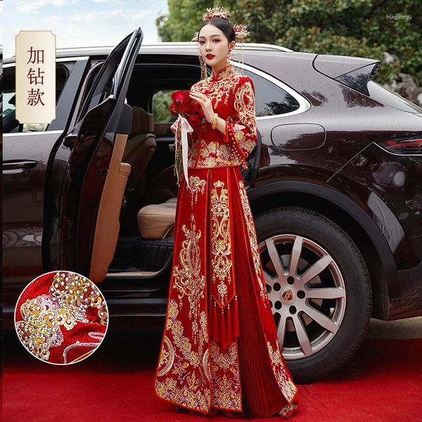 Roupas étnicas Vestido de Casamento Tradicional Gola Mandarim Cheongsam Estilo Chinês Noiva Antiga Traje de Casamento Bordado Vermelho Qipao