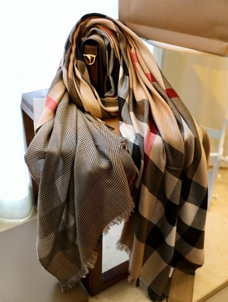 Conjunto de cachecol de malha para homens mulheres inverno lã moda designer cashmere xale anel luxo xadrez cheque lenço de algodão dupla face cor cashmere marrom 1025004