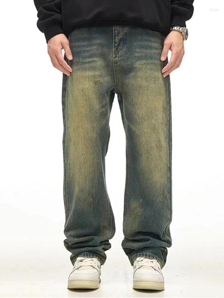 Herren Jeans YIHANKE Retro locker sitzende lässige Y2k trendige Hose Vintage Baggy Wide Leg High Street Mop