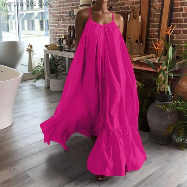 Vestidos Casuais Básicos Mulheres Camisola Oversized Maxi Vestidos Verão Casual Spaghetti Strap Solto Backless Big Swing Dress Mulheres Sólidos Até o Chão Robe T231026