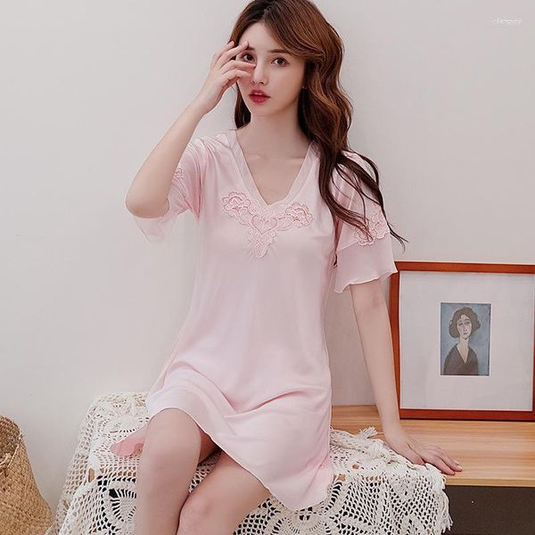 Pijamas femininos camisola feminina verão manga curta com decote em v coreano doce sexy camisola fina adorável solto nightwear